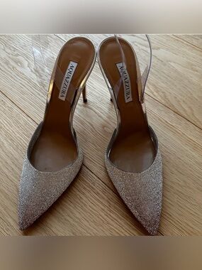 Aquazzura Silver Crystal Pointed Slingback Heels 41